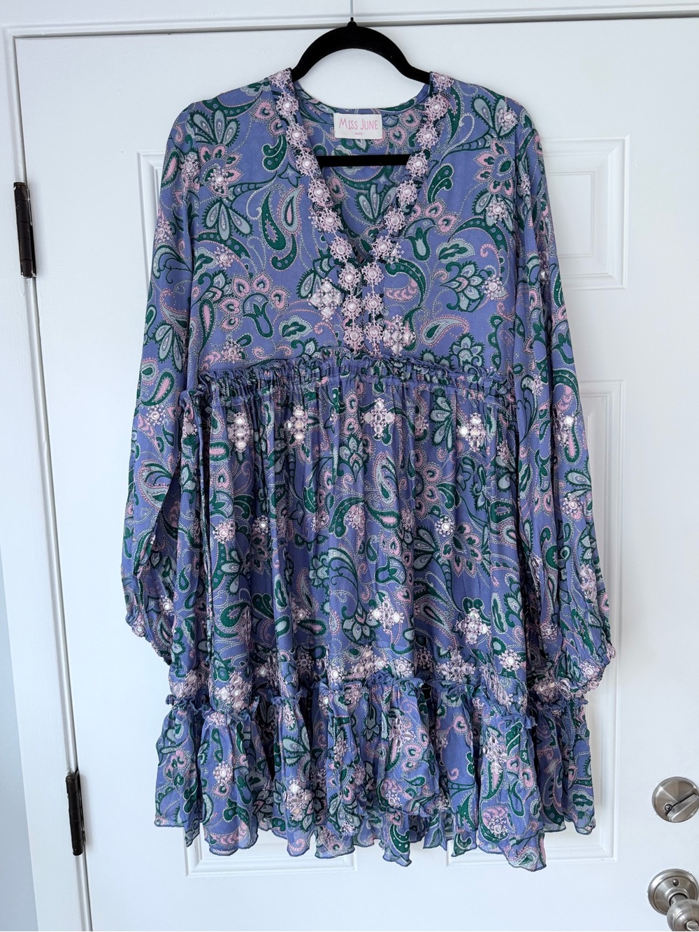 MISS JUNE ONE SIZE PAISLEY PRINT TIERED MINI DRESS V-neck boho purple